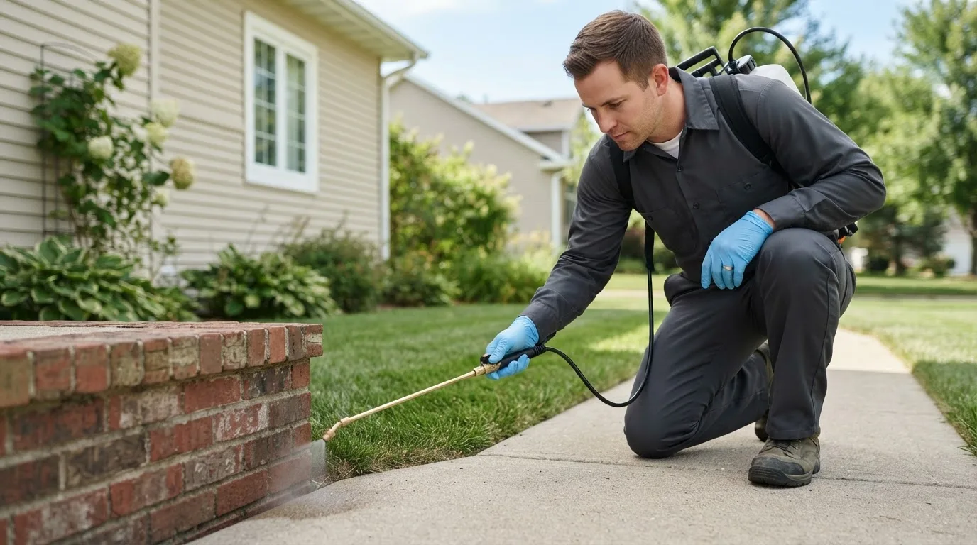 Pest control technician treating a home near Fairfax, OK