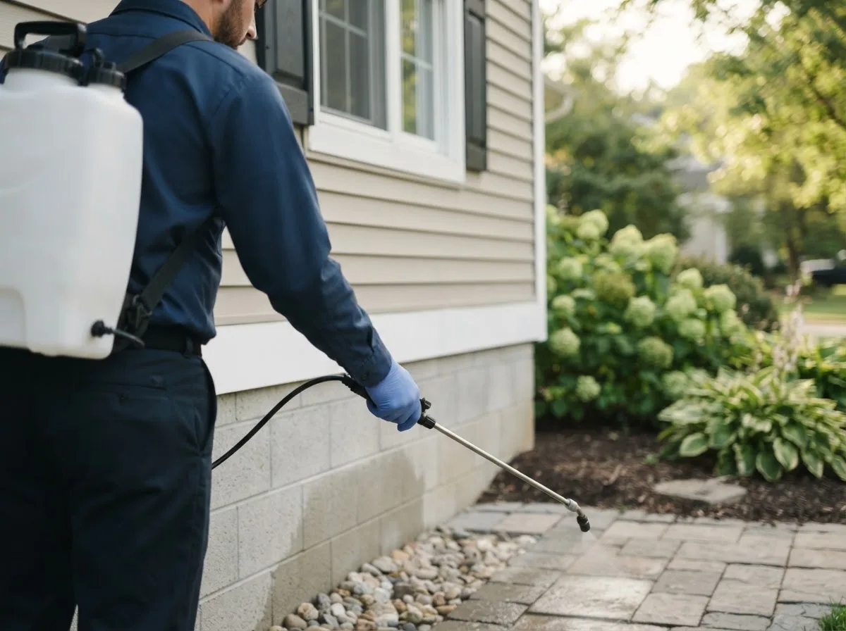 Pest control technician inspecting a home in Fairfax, OK